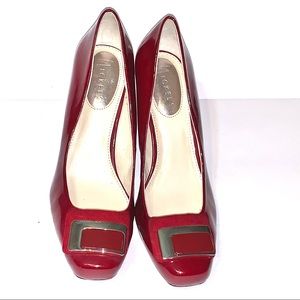 NICKELS Noon Pilgrim Buckle Stacked Patent Pumps
